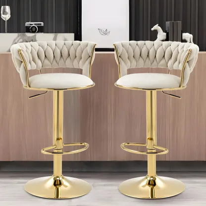 White Fabric Adjustable Gold Base Low Back Bar Stool Image - 3