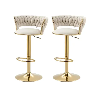 White Fabric Adjustable Gold Base Low Back Bar Stool Image - 26
