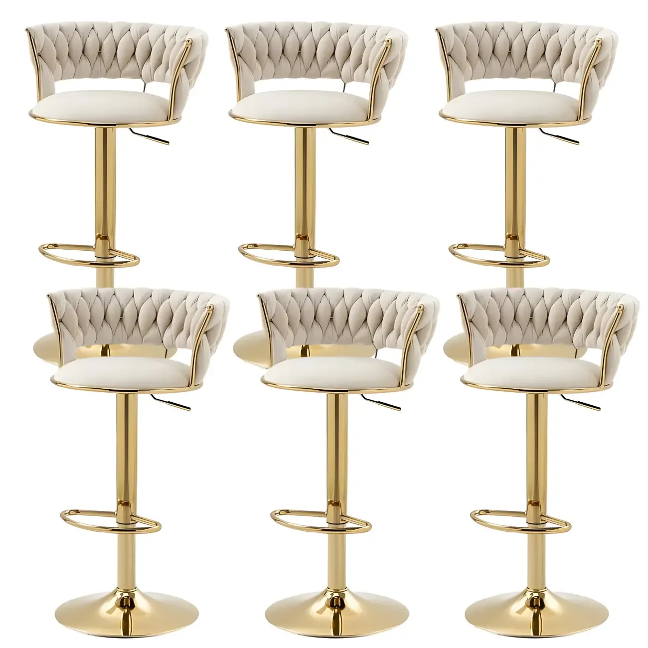 White Fabric Adjustable Gold Base Low Back Bar Stool Image - 48