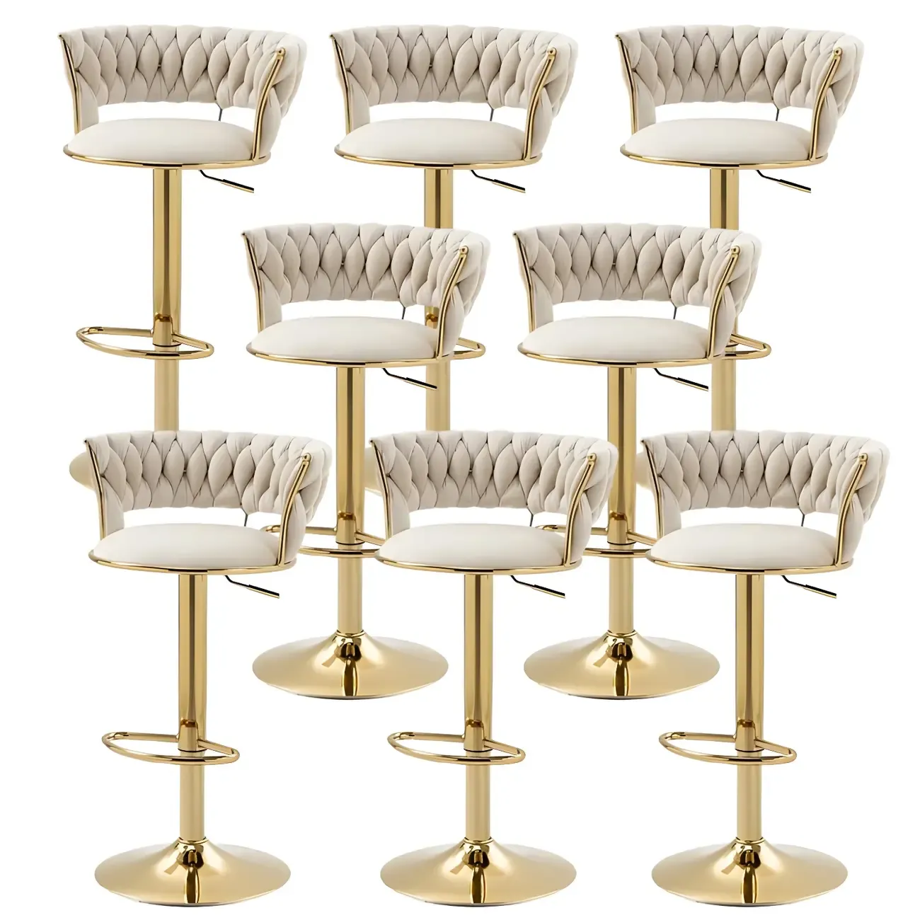 White Fabric Adjustable Gold Base Low Back Bar Stool Image - 59