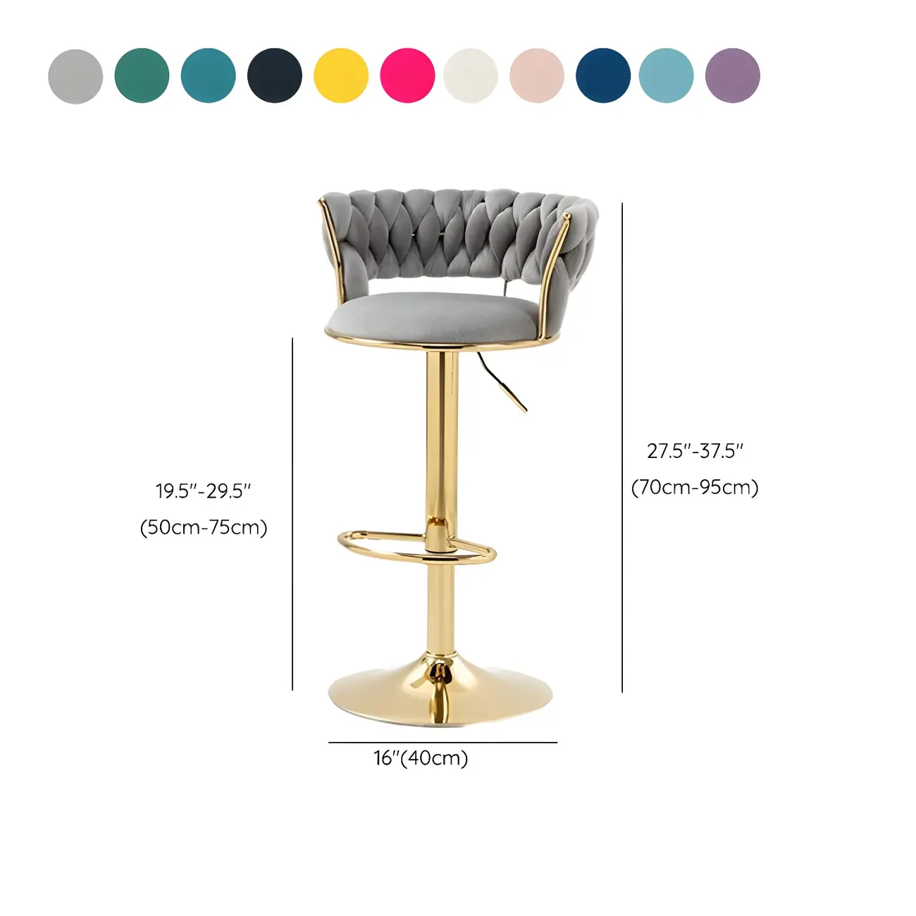 White Fabric Adjustable Gold Base Low Back Bar Stool #size