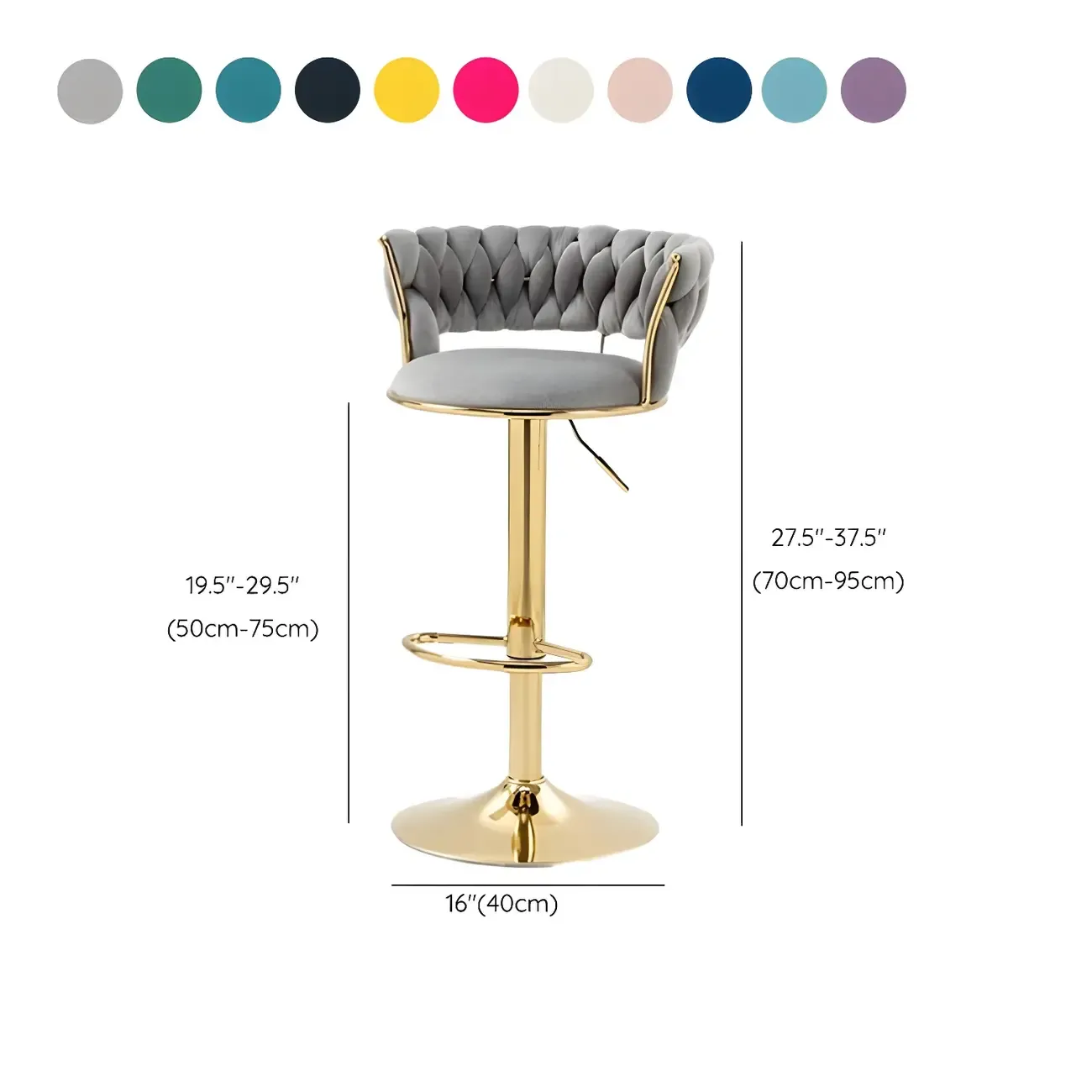 White Fabric Adjustable Gold Base Low Back Bar Stool #size
