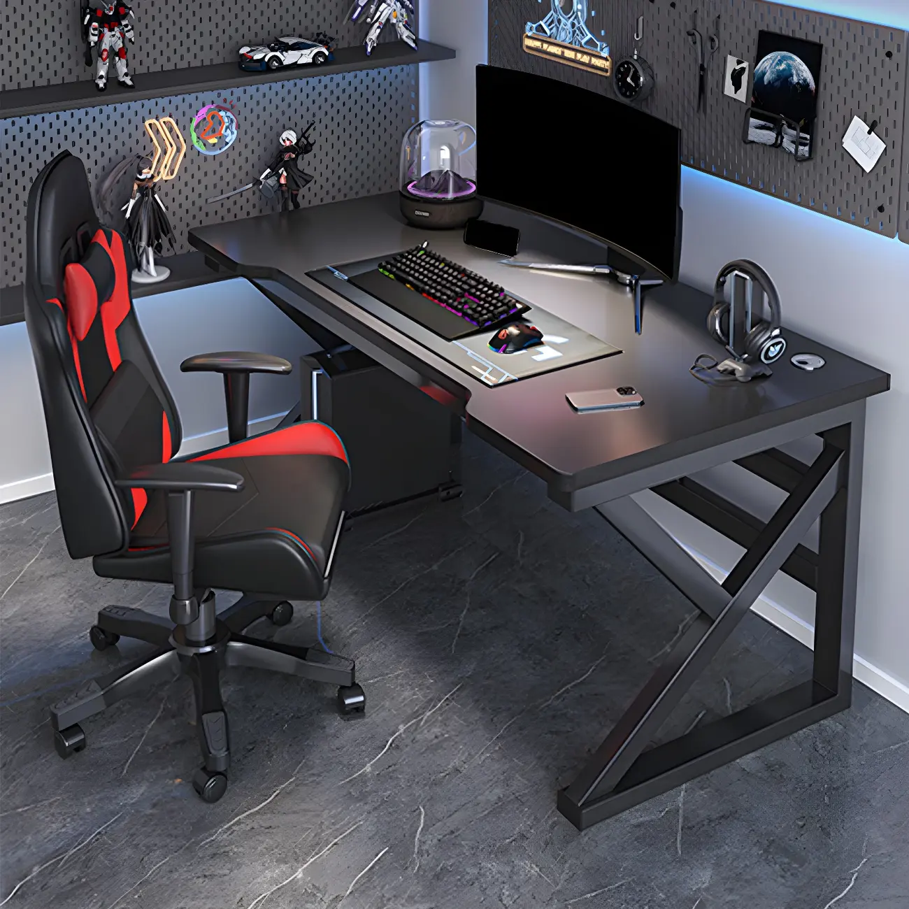 29" Modern Black Metal Adjustable Gaming Desk with Wooden Top Image - 1 | homeyfad