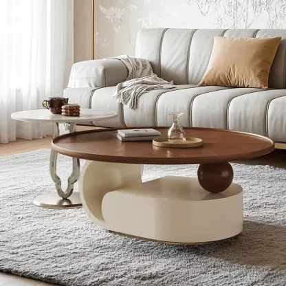 Metal Base Nesting Brown Wood Round Drawer Coffee Table Image - 1