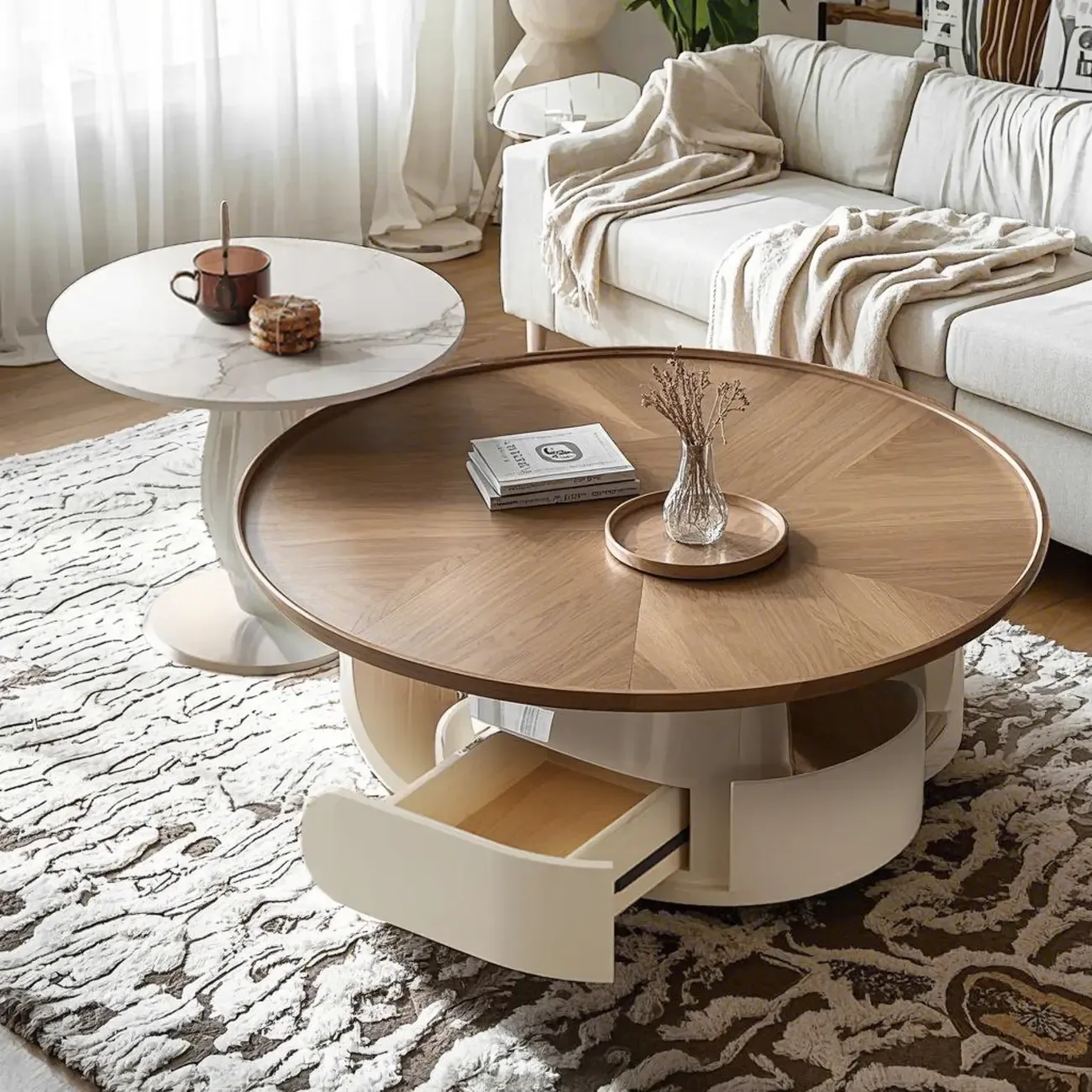 Metal Base Nesting Brown Wood Round Drawer Coffee Table Image - 2