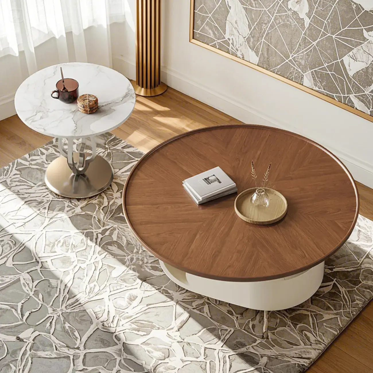 Metal Base Nesting Brown Wood Round Drawer Coffee Table Image - 3 | homeyfad