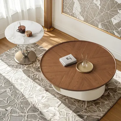 Metal Base Nesting Brown Wood Round Drawer Coffee Table Image - 3