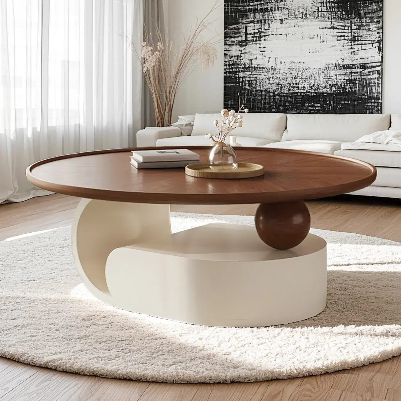 Metal Base Nesting Brown Wood Round Drawer Coffee Table Image - 5 | homeyfad