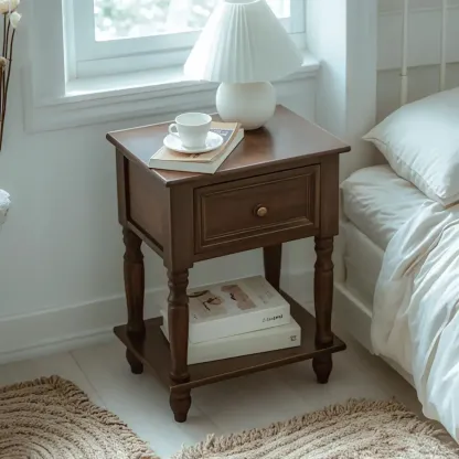 1-Drawer Brown Wood End Table for Small Space with Shelf Image - 3