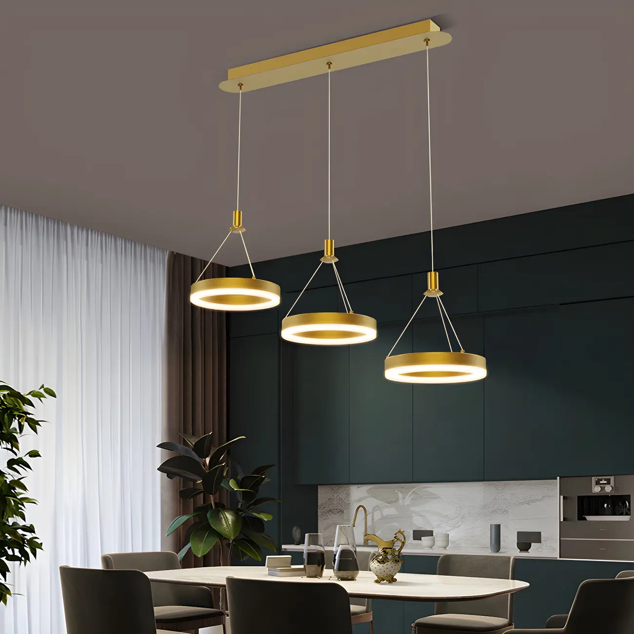 Geometric 3-Light Brass LED Pendant Light for Kitchen Image - 1 | homeyfad