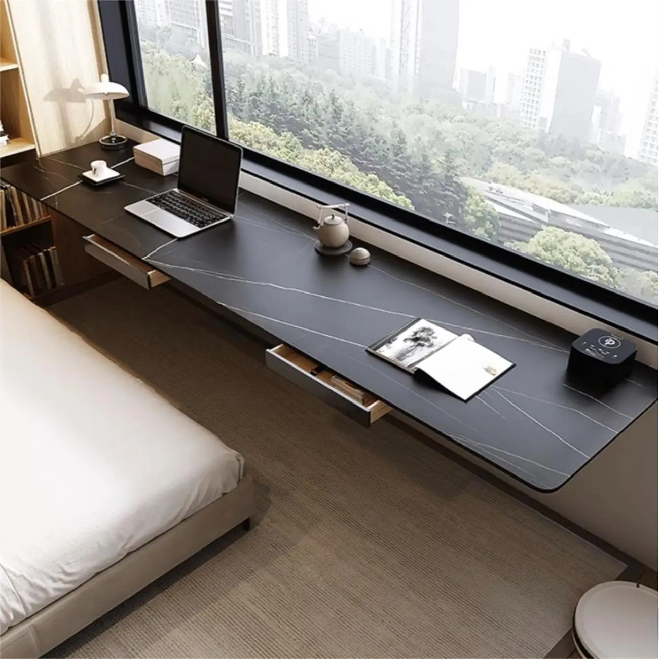 Long Black Metal Wall-Mounted Office Desk with 2 Drawers Image - 2 | homeyfad