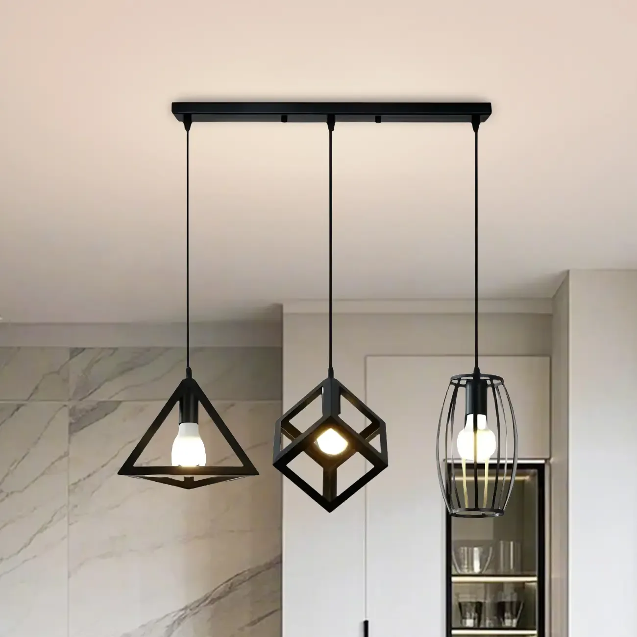 Industrial Black Geometric Adjustable Island Pendant Light Image - 13
