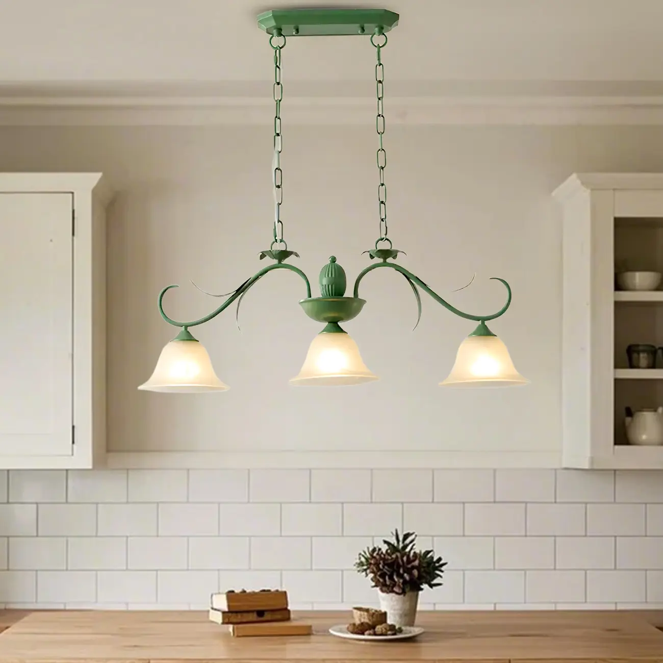 Green Glass 3-Light Floral Island Pendant Light for Kitchen Image - 2 | homeyfad