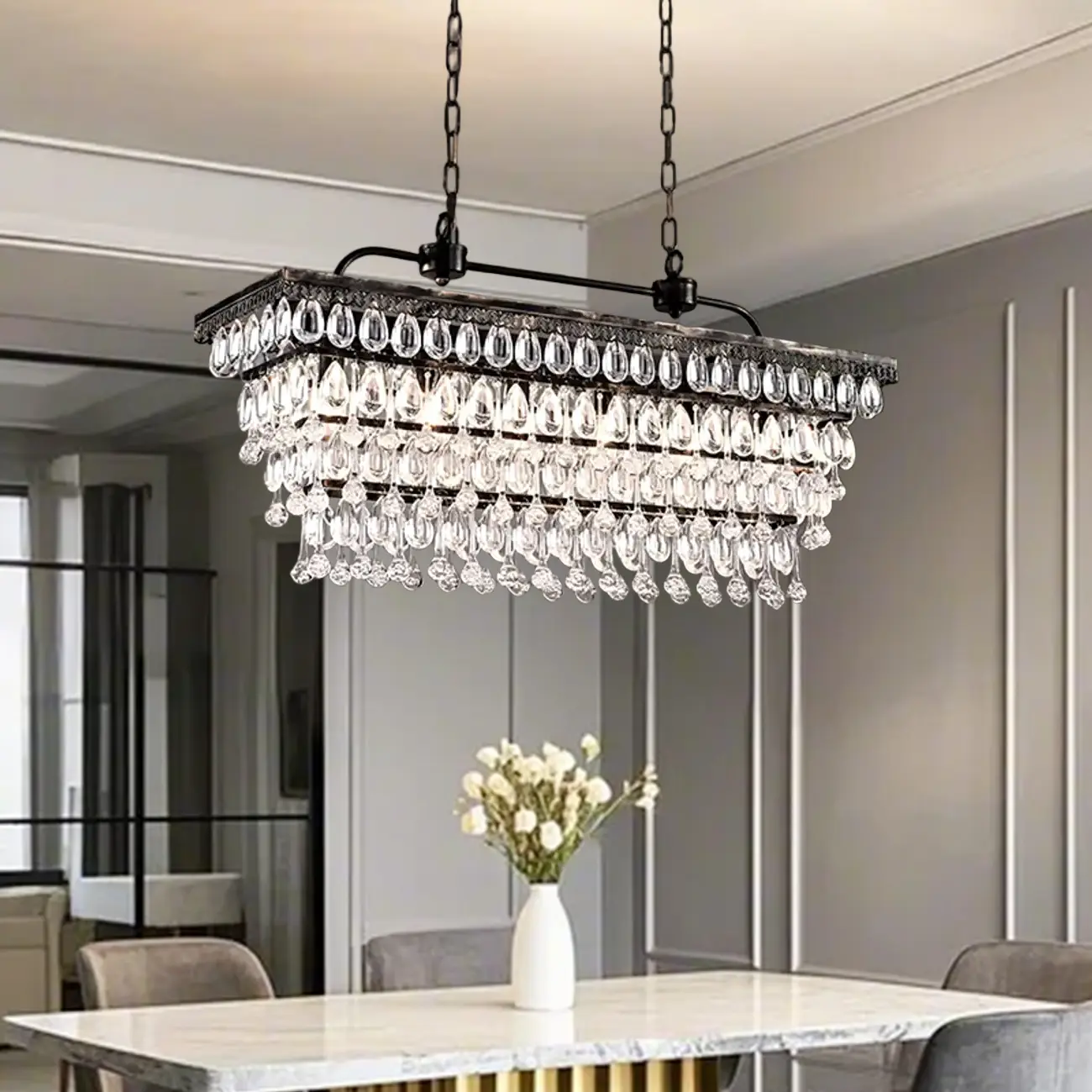 Contemporary Crystal Matte Black Island Pendant Light Image - 2 | homeyfad
