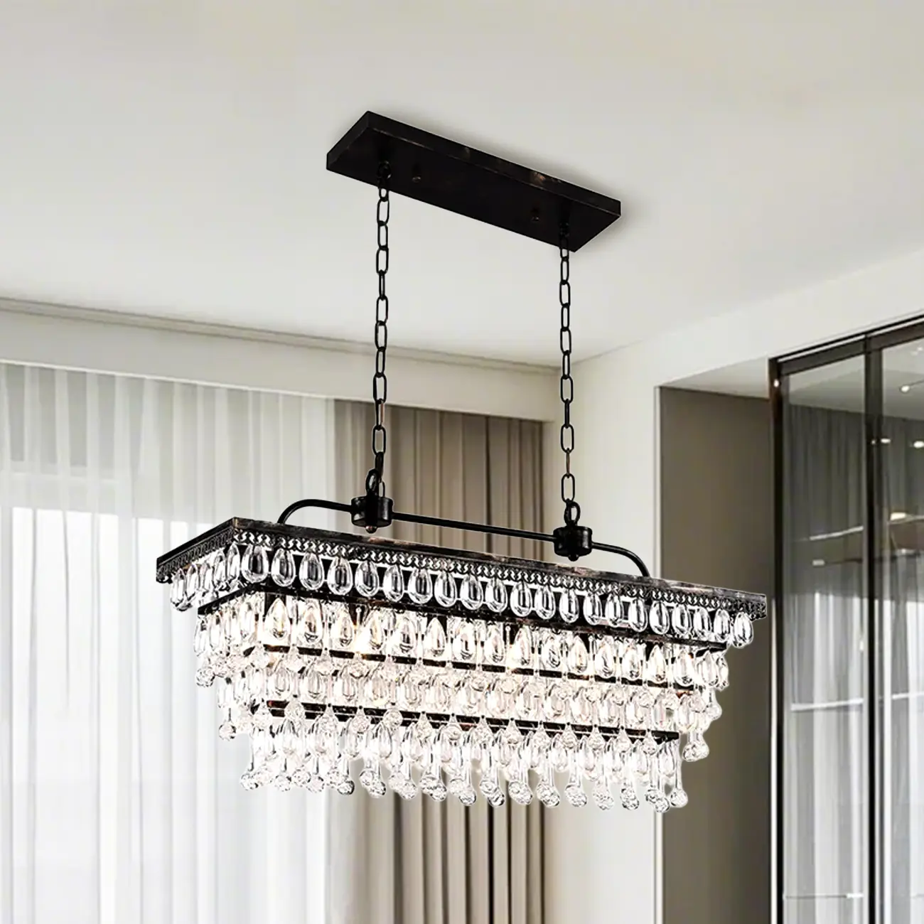Contemporary Crystal Matte Black Island Pendant Light Image - 4 | homeyfad