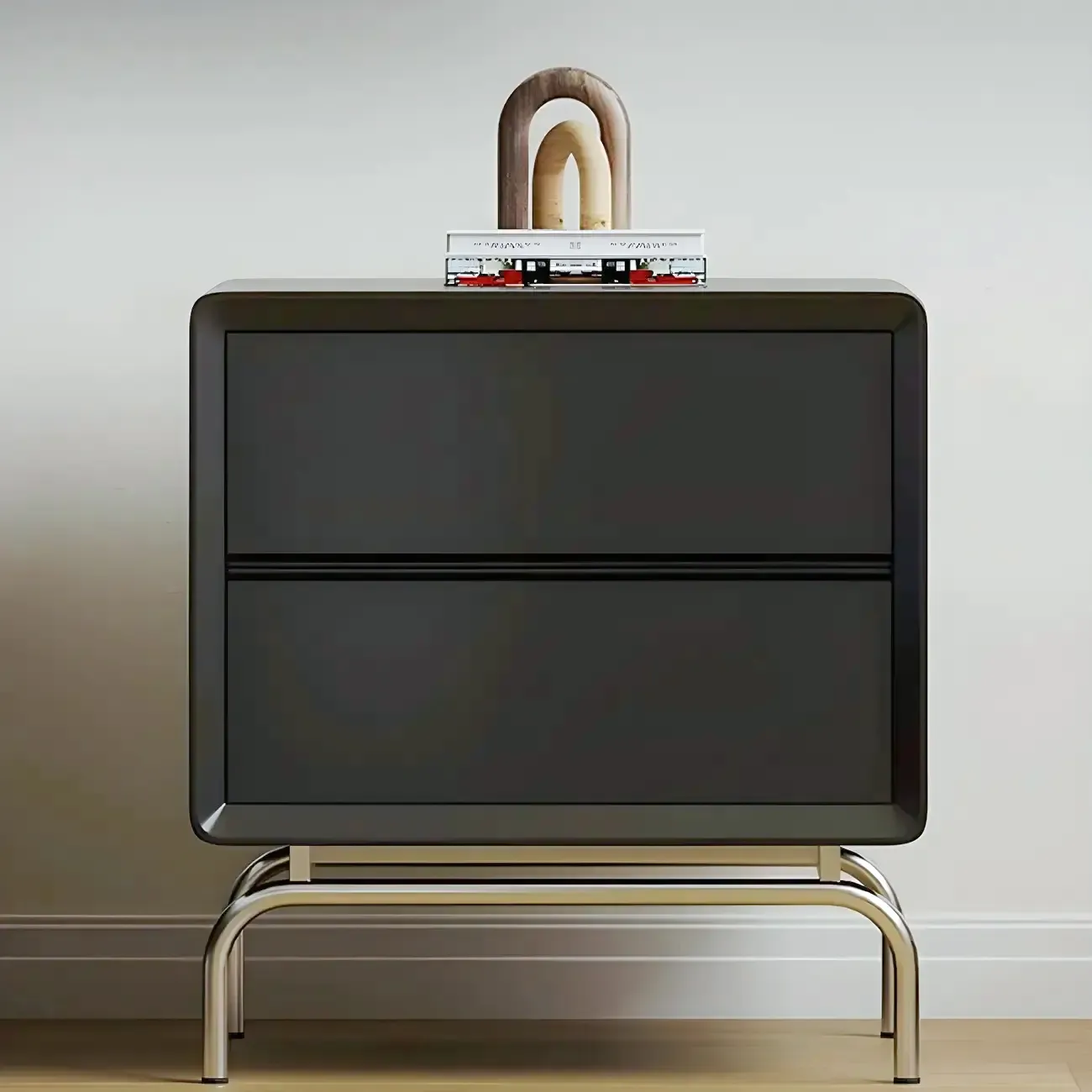 Classic Black Wood 2 Drawers Nightstand with Silver Metal Base Image - 1