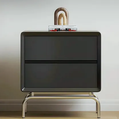 Classic Black Wood 2 Drawers Nightstand with Silver Metal Base Image - 1