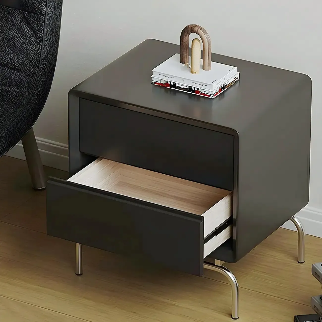 Classic Black Wood 2 Drawers Nightstand with Silver Metal Base Image - 2