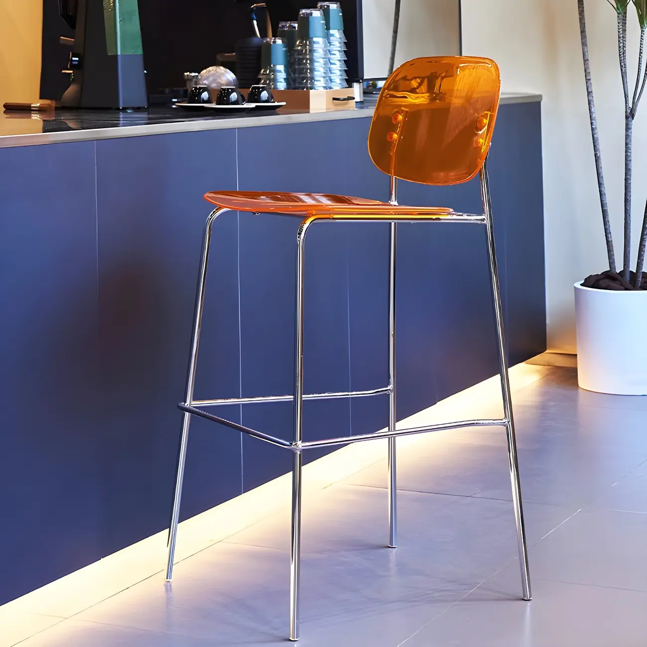 Modern Metal Leg Tan Acrylic Transparent High Back Bar Stool Image - 2 | homeyfad