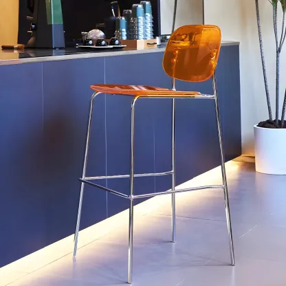 Modern Metal Leg Tan Acrylic Transparent High Back Bar Stool Image - 2