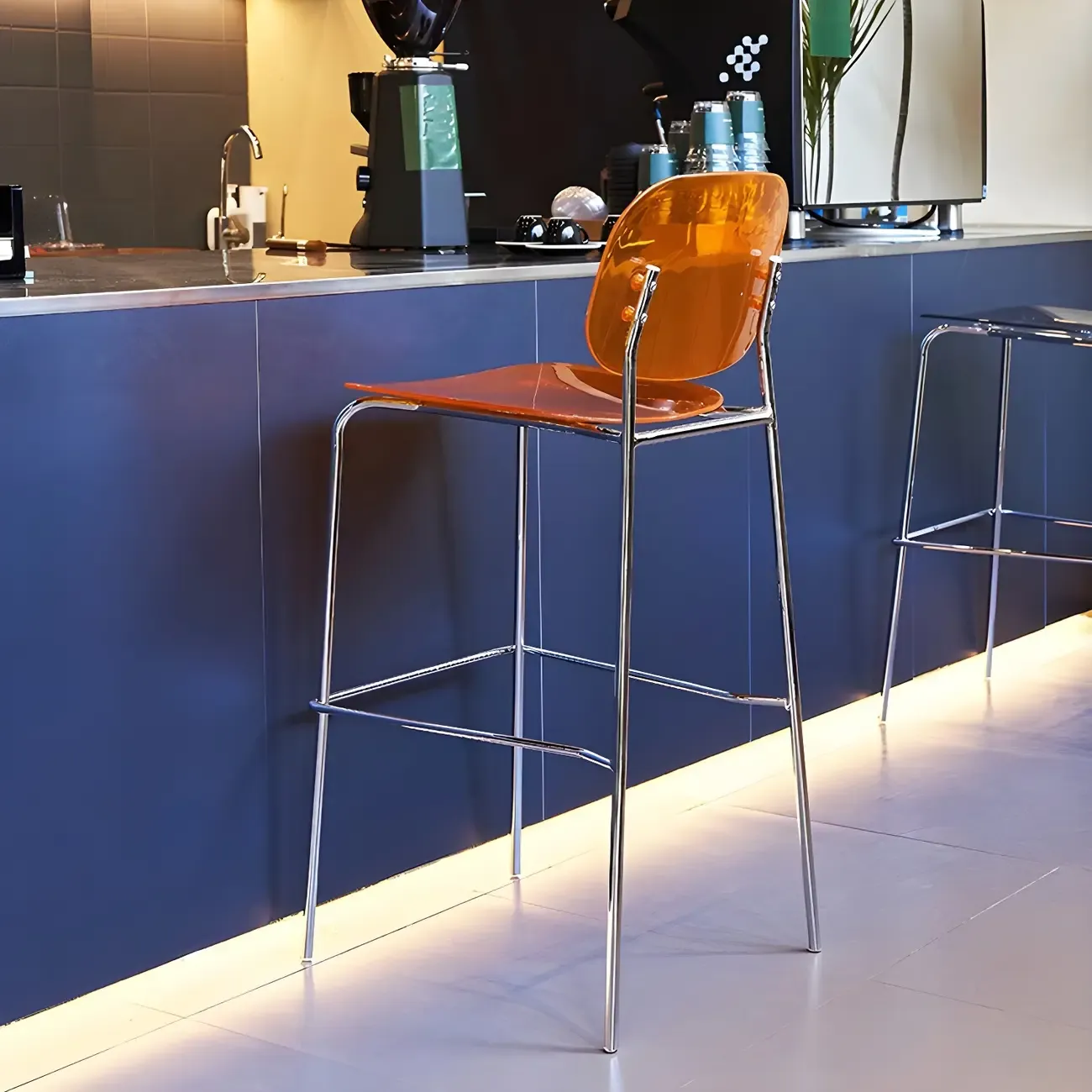 Modern Metal Leg Tan Acrylic Transparent High Back Bar Stool Image - 4
