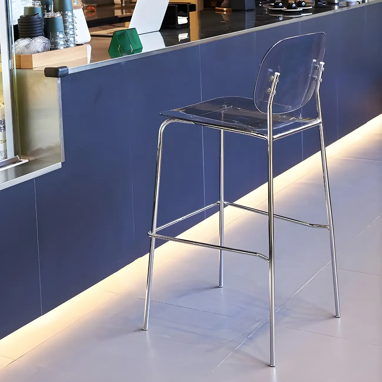 Modern Metal Leg Tan Acrylic Transparent High Back Bar Stool Image - 3