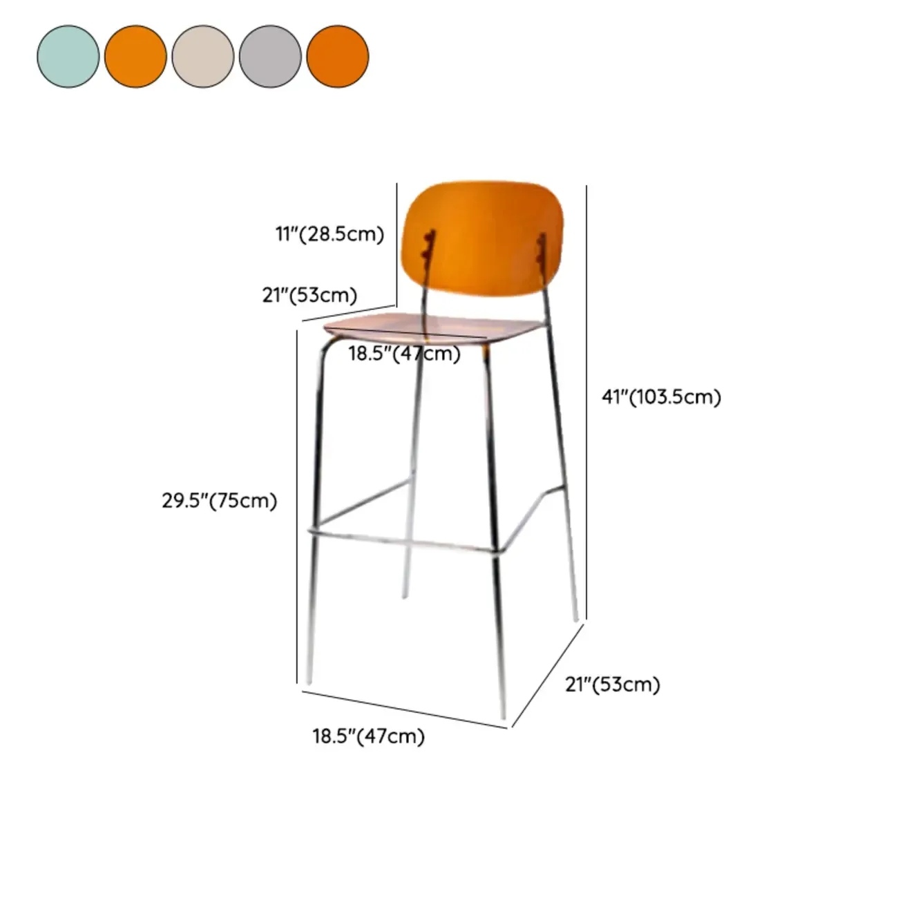 Modern Metal Leg Tan Acrylic Transparent High Back Bar Stool #size