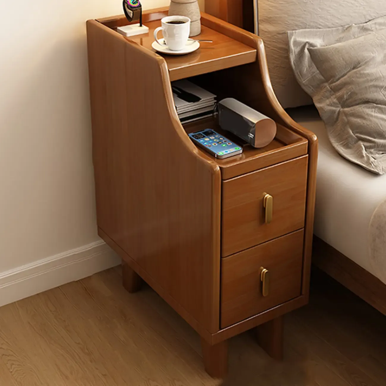 Narrow Walnut Wood Open Storage Multi-Function Nightstand Image - 1