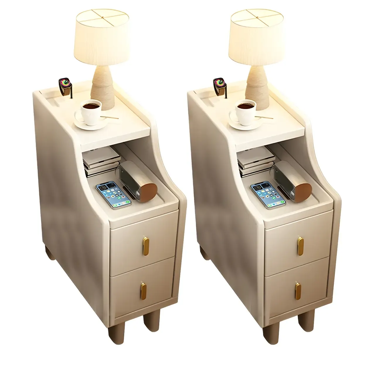 Narrow Walnut Wood Open Storage Multi-Function Nightstand Image - 9