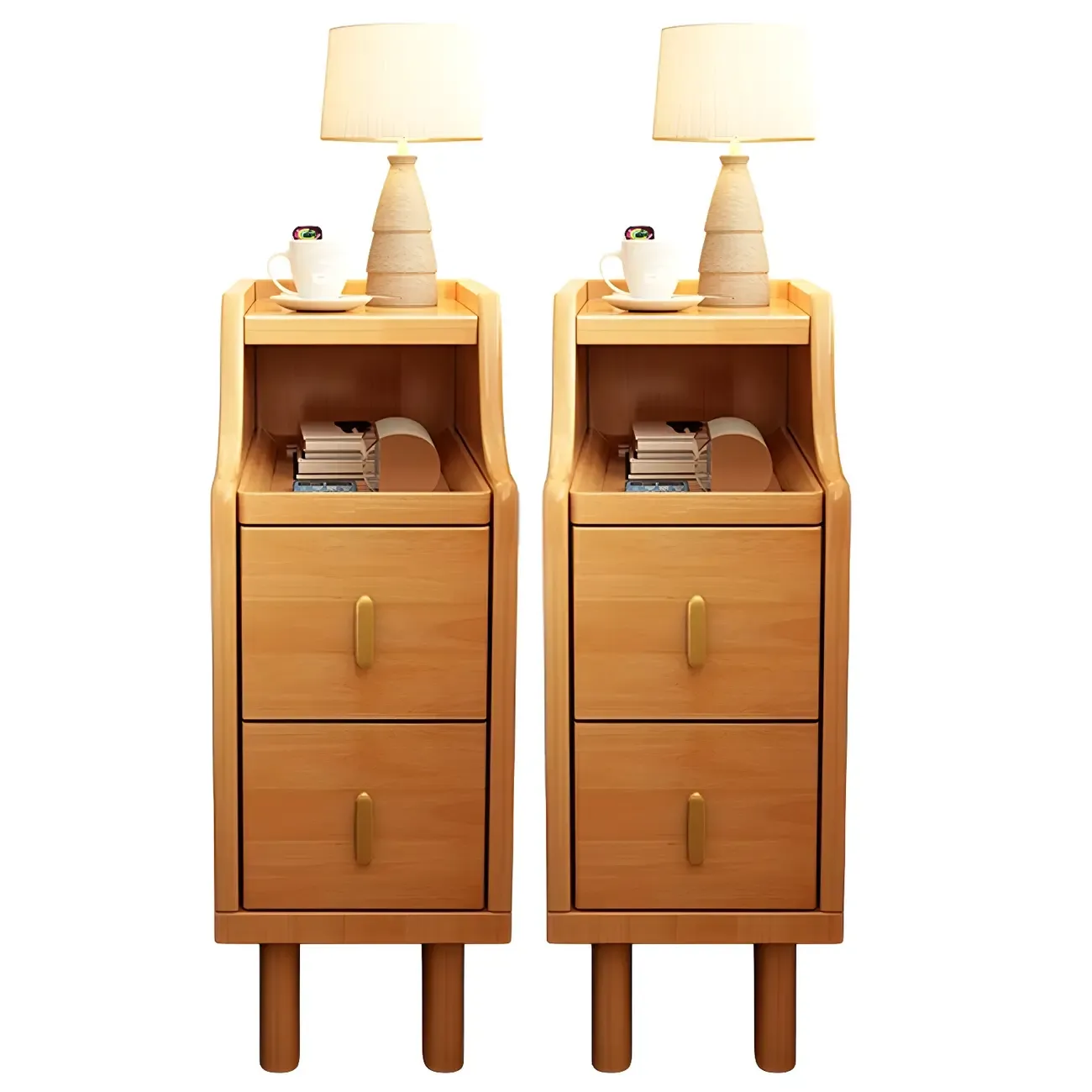 Narrow Walnut Wood Open Storage Multi-Function Nightstand Image - 10