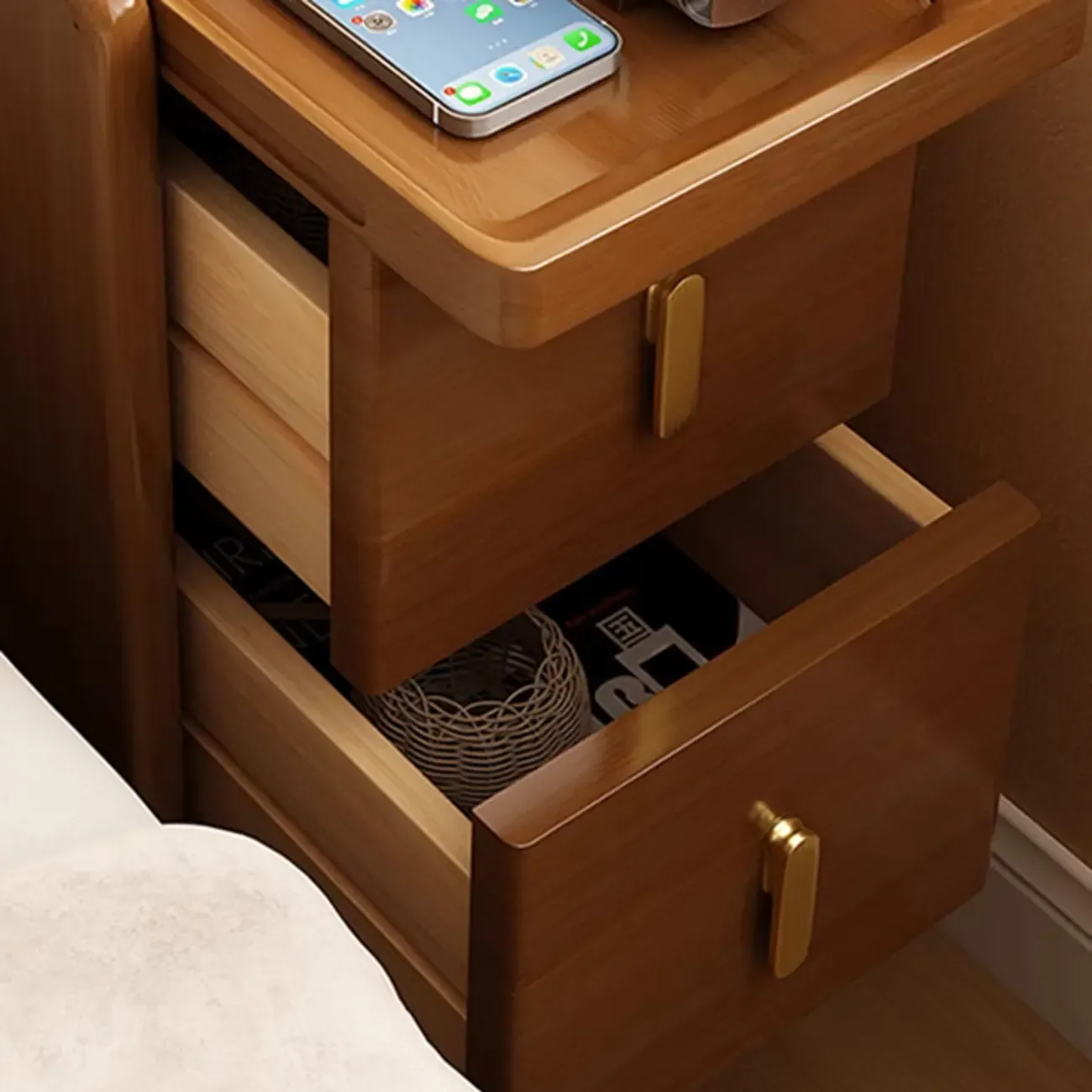 Narrow Walnut Wood Open Storage Multi-Function Nightstand Image - 6