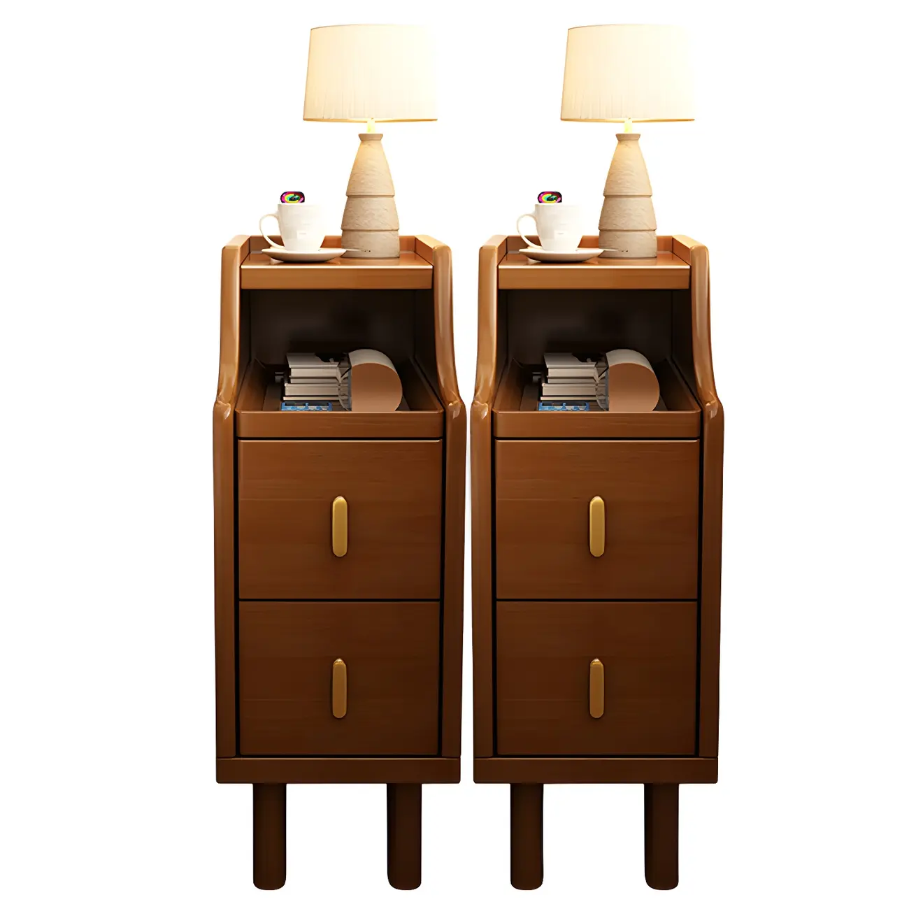 Narrow Walnut Wood Open Storage Multi-Function Nightstand Image - 11 | homeyfad