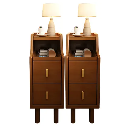 Narrow Walnut Wood Open Storage Multi-Function Nightstand Image - 11