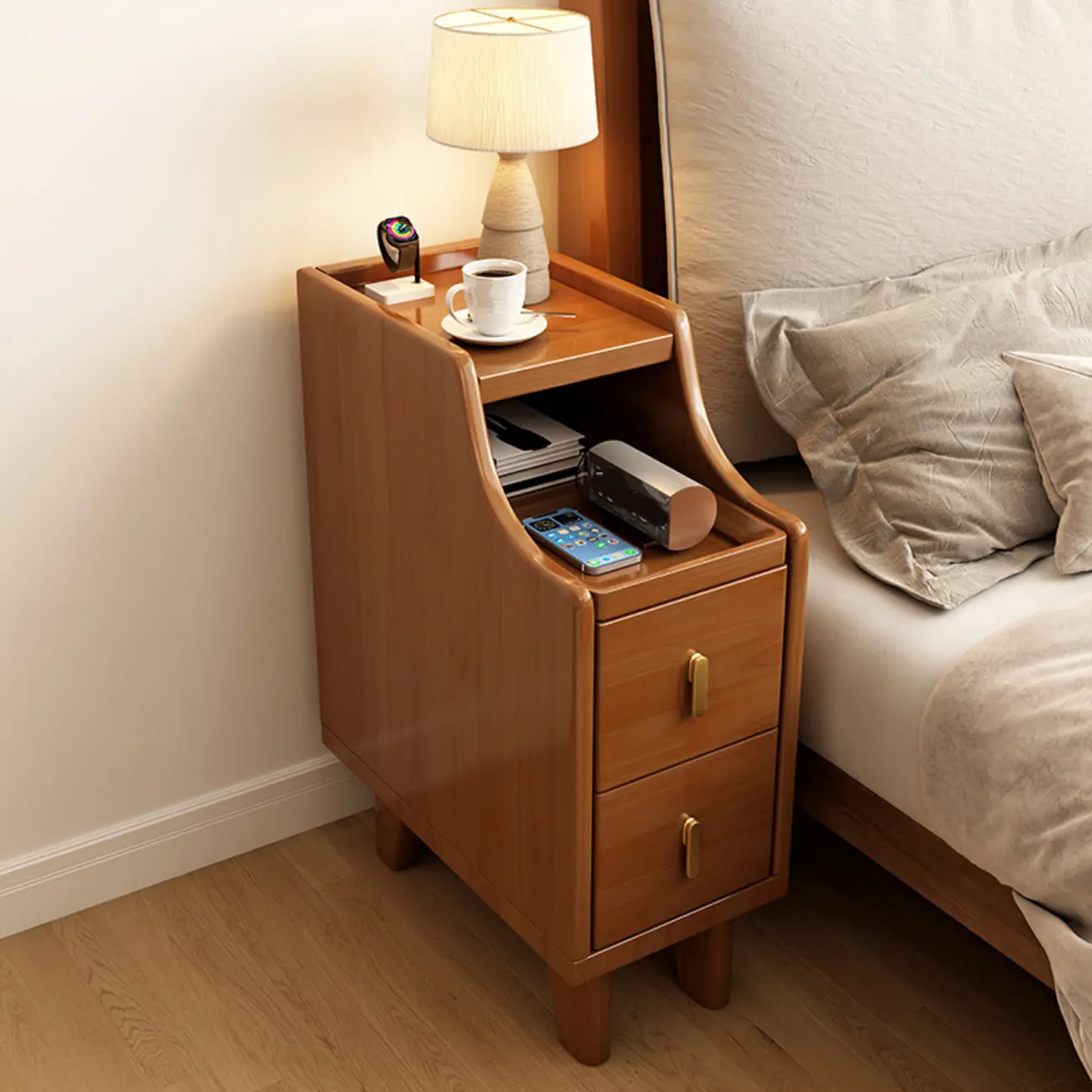 Narrow Walnut Wood Open Storage Multi-Function Nightstand Image - 2 | homeyfad