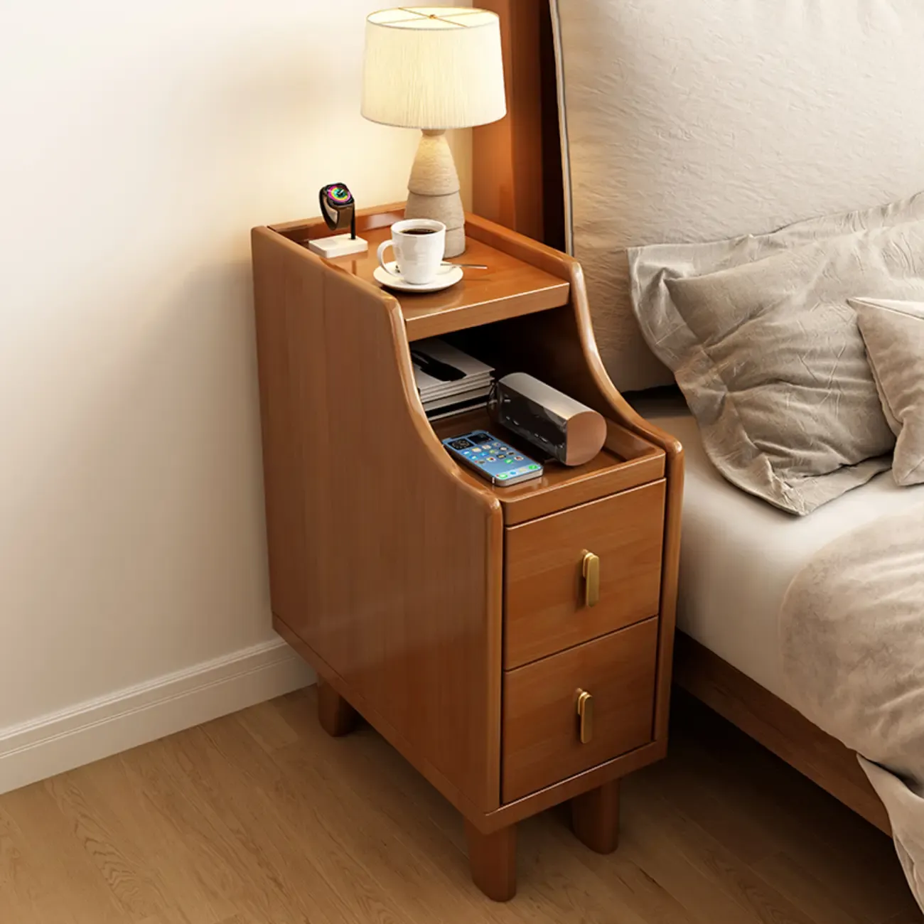 Narrow Walnut Wood Open Storage Multi-Function Nightstand Image - 2