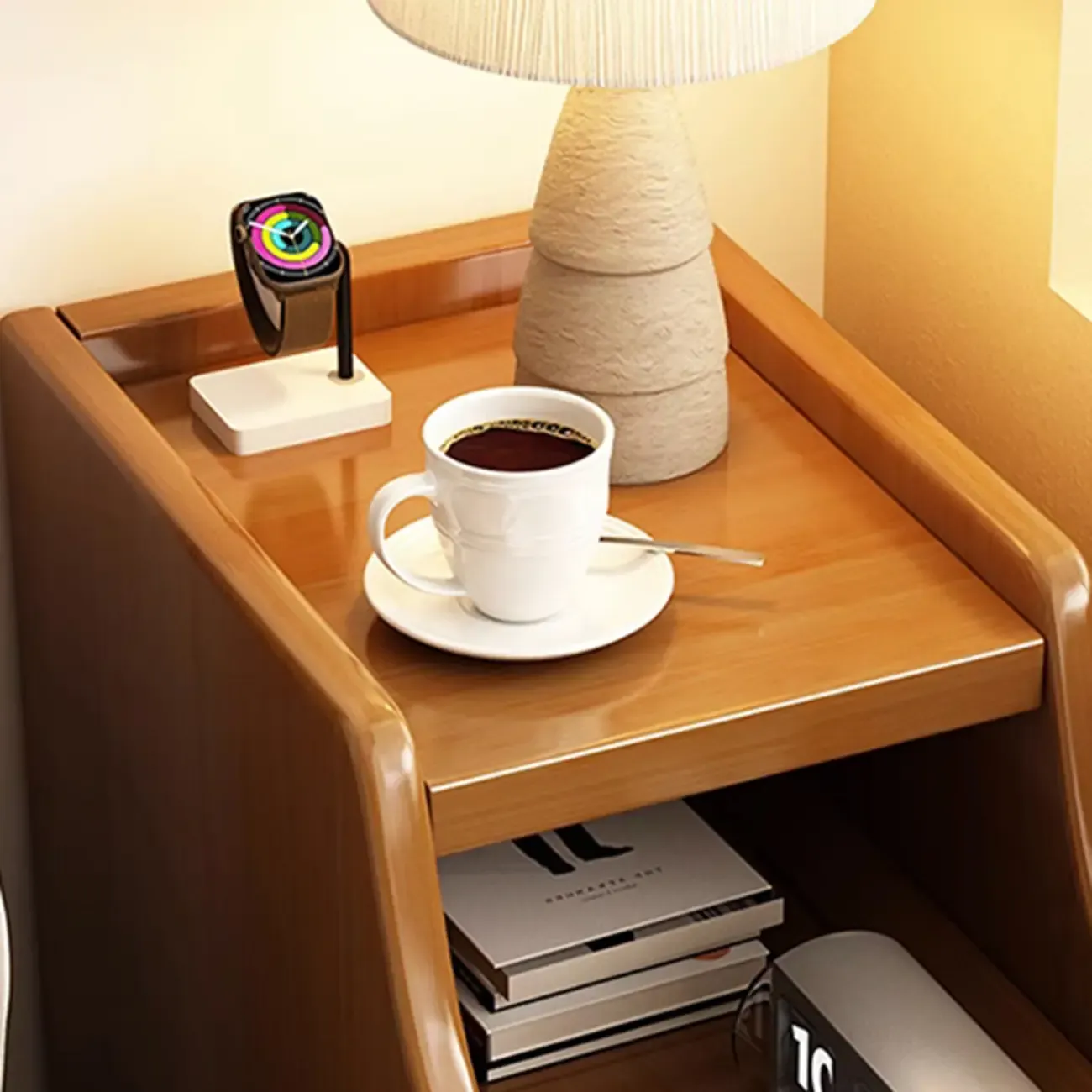 Narrow Walnut Wood Open Storage Multi-Function Nightstand Image - 7