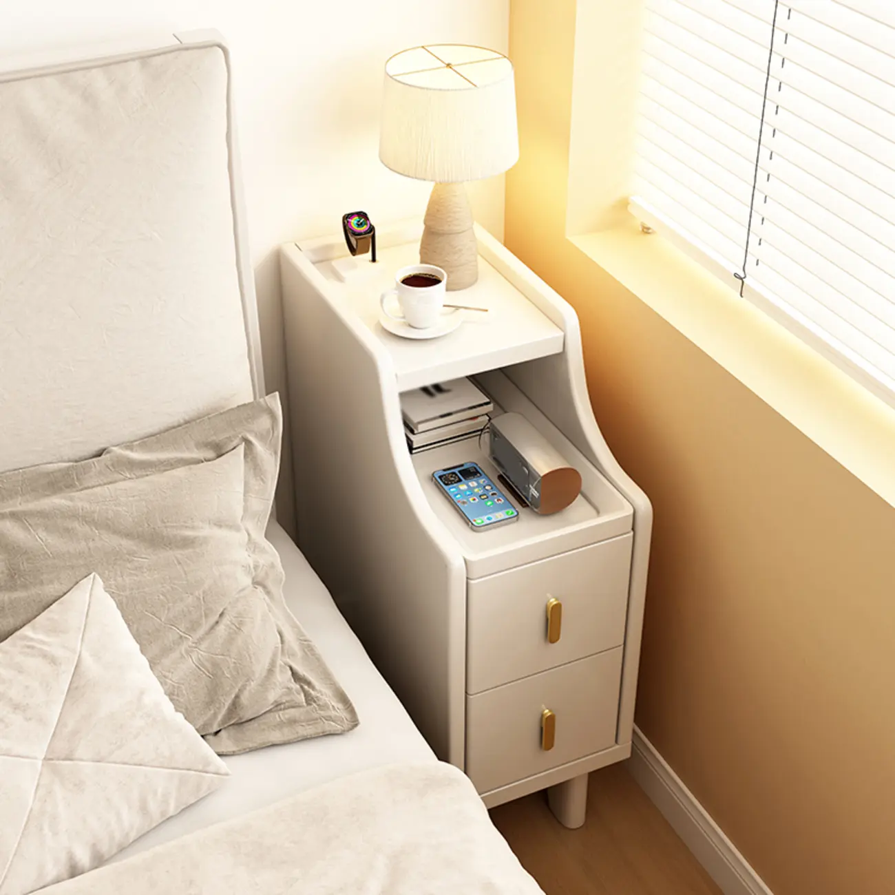 Narrow Walnut Wood Open Storage Multi-Function Nightstand Image - 4 | homeyfad