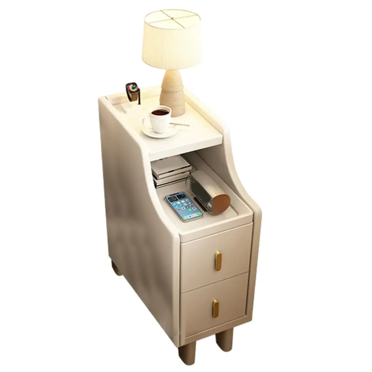 Narrow Walnut Wood Open Storage Multi-Function Nightstand Image - 12