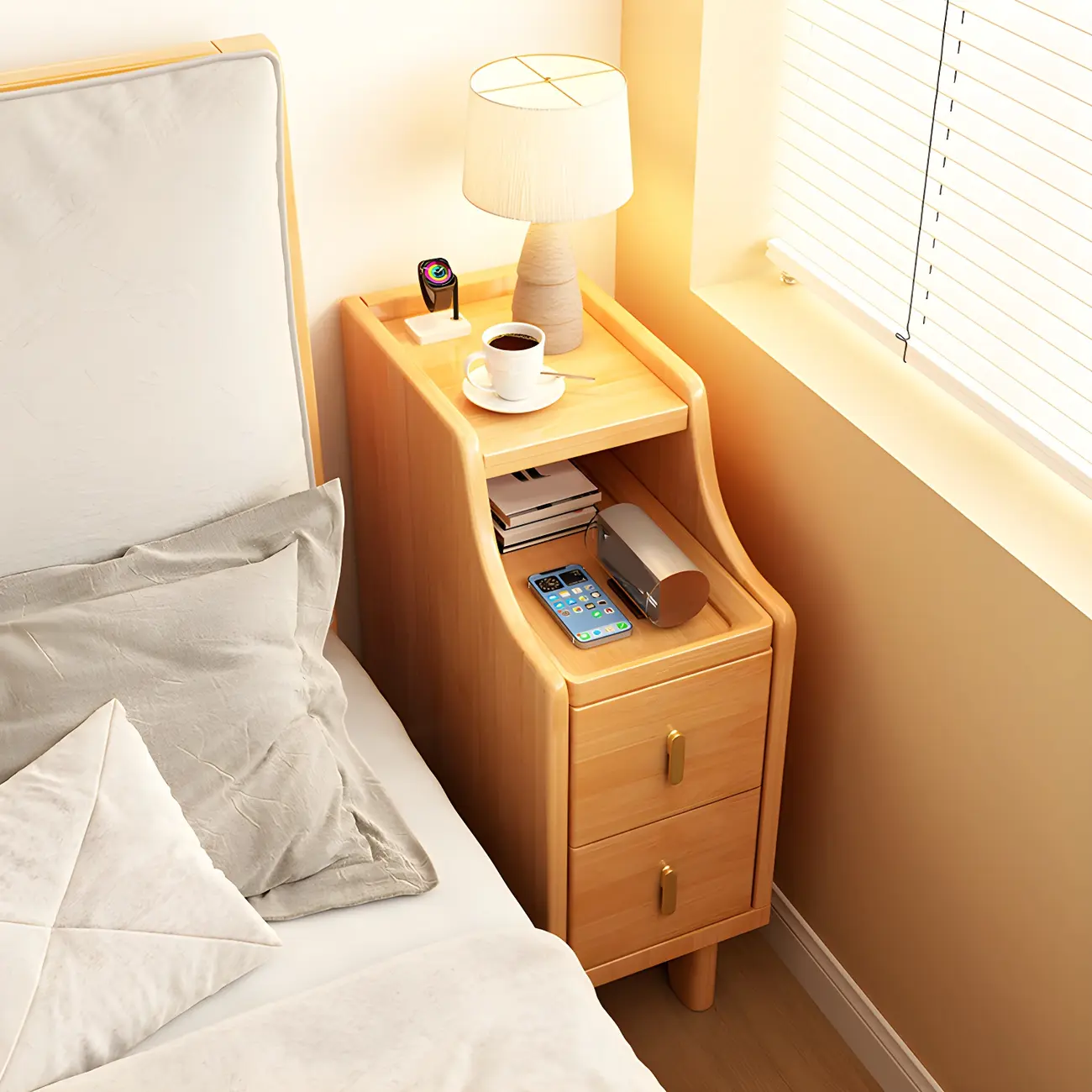 Narrow Walnut Wood Open Storage Multi-Function Nightstand Image - 3 | homeyfad