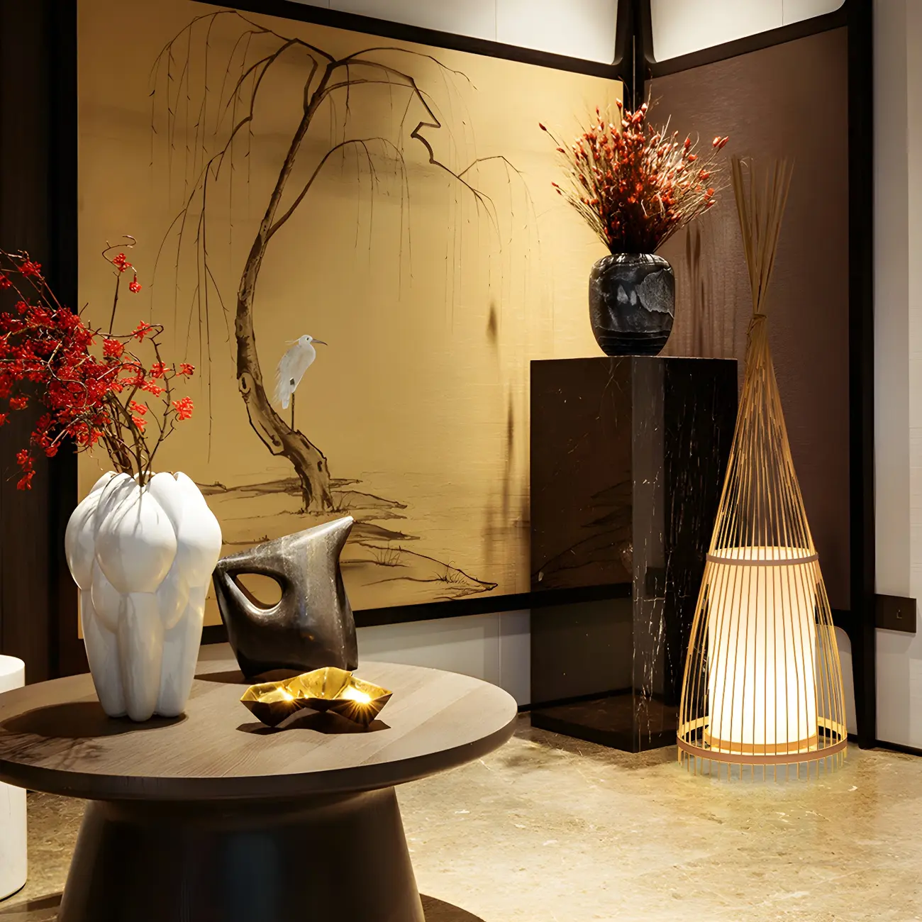 Rustic Bamboo Cover Oval Stand up Floor Lamp Shade for Living Room | homeyfad