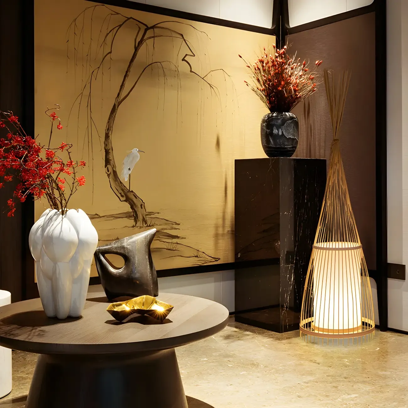 Rustic Bamboo Cover Oval Stand up Floor Lamp Shade for Living Room