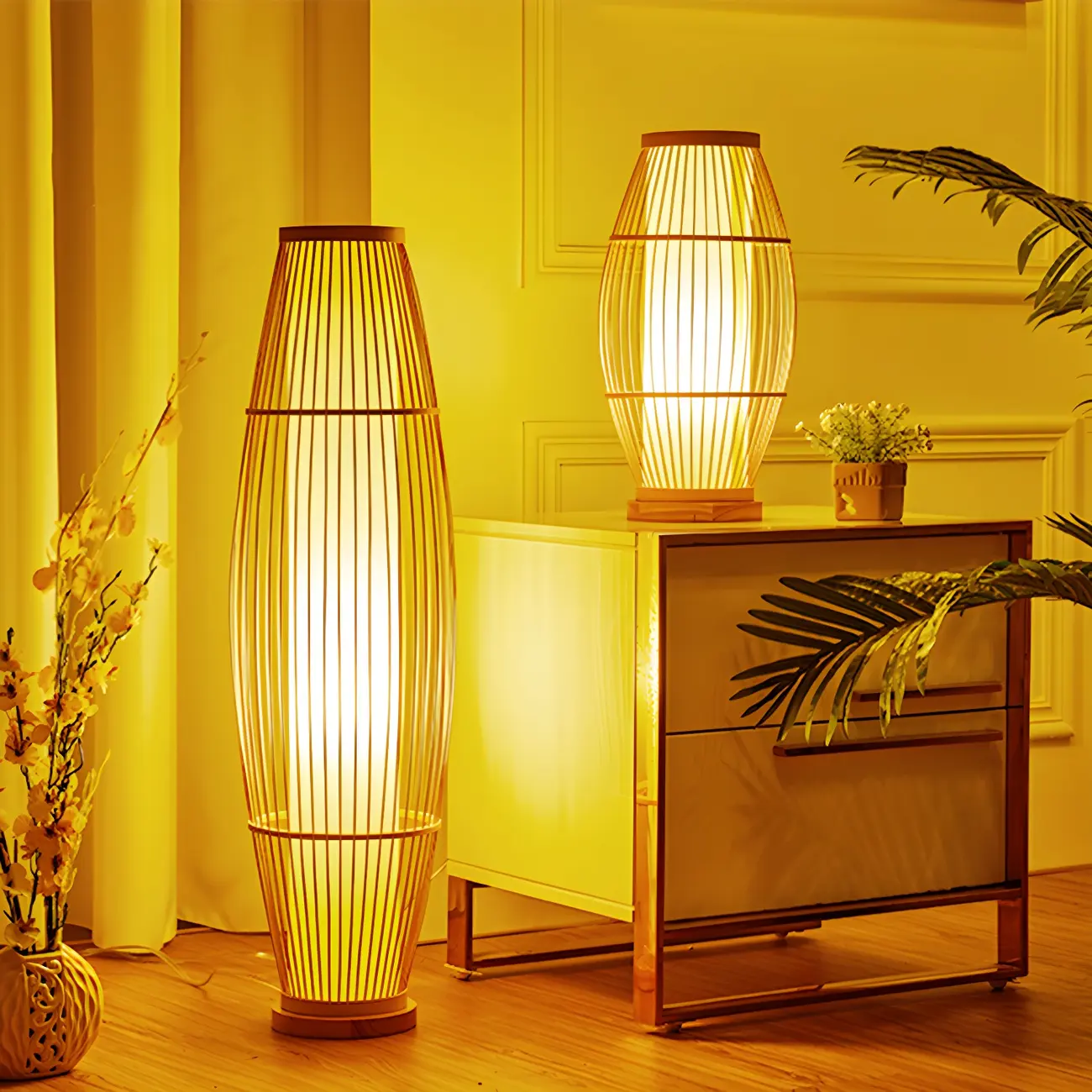 Rustic Bamboo Cover Oval Stand up Floor Lamp Shade for Living Room | homeyfad