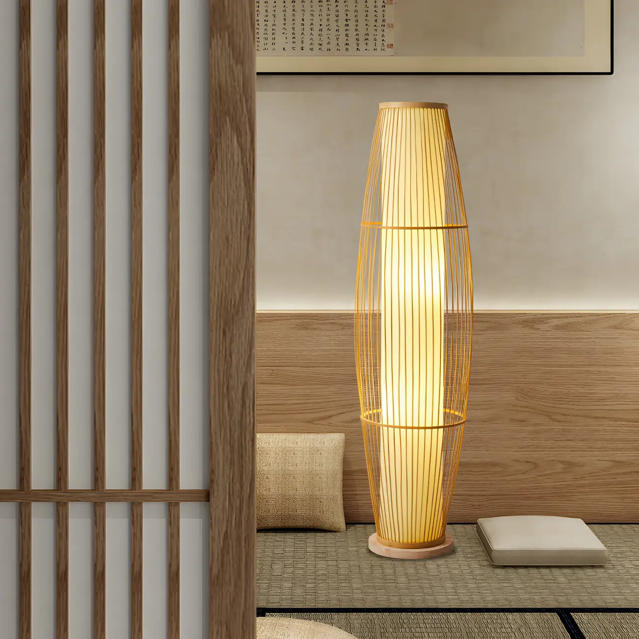 Rustic Bamboo Cover Oval Stand up Floor Lamp Shade for Living Room | homeyfad