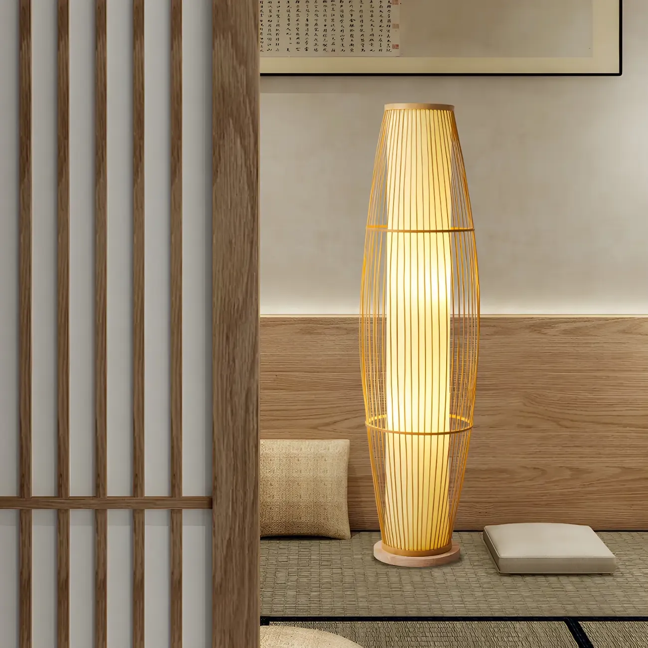 Rustic Bamboo Cover Oval Stand up Floor Lamp Shade for Living Room