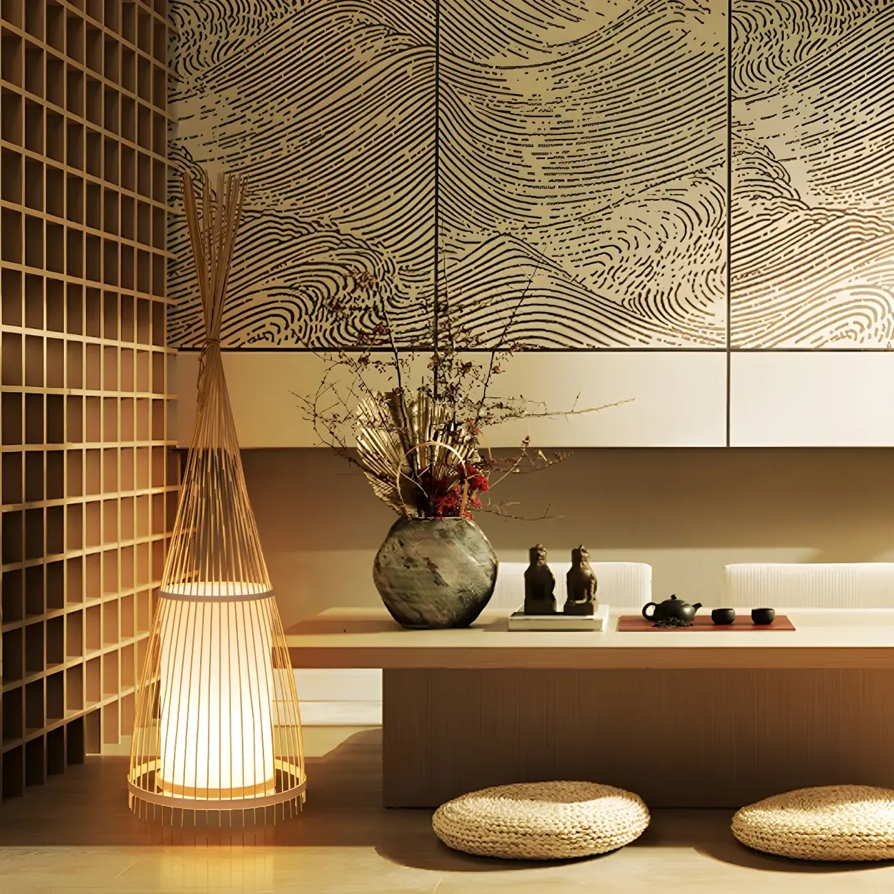 Rustic Bamboo Cover Oval Stand up Floor Lamp Shade for Living Room