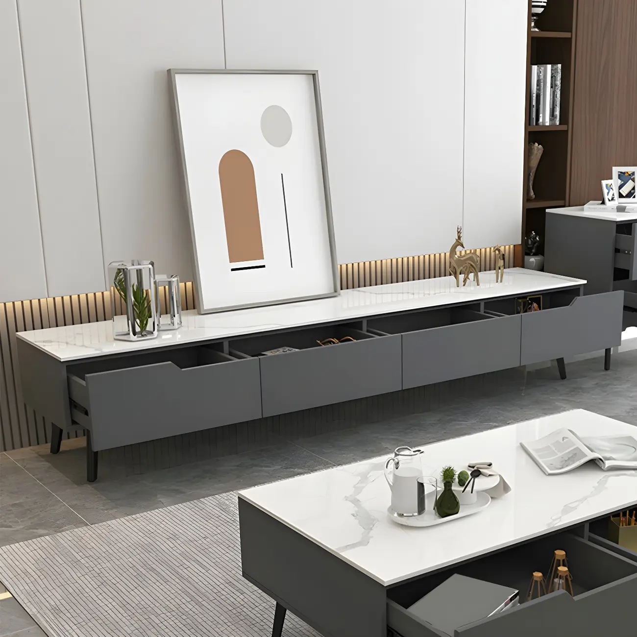 Modern Stone TV Stand with Soft Closing Drawers for Living Room Image - 1 | homeyfad