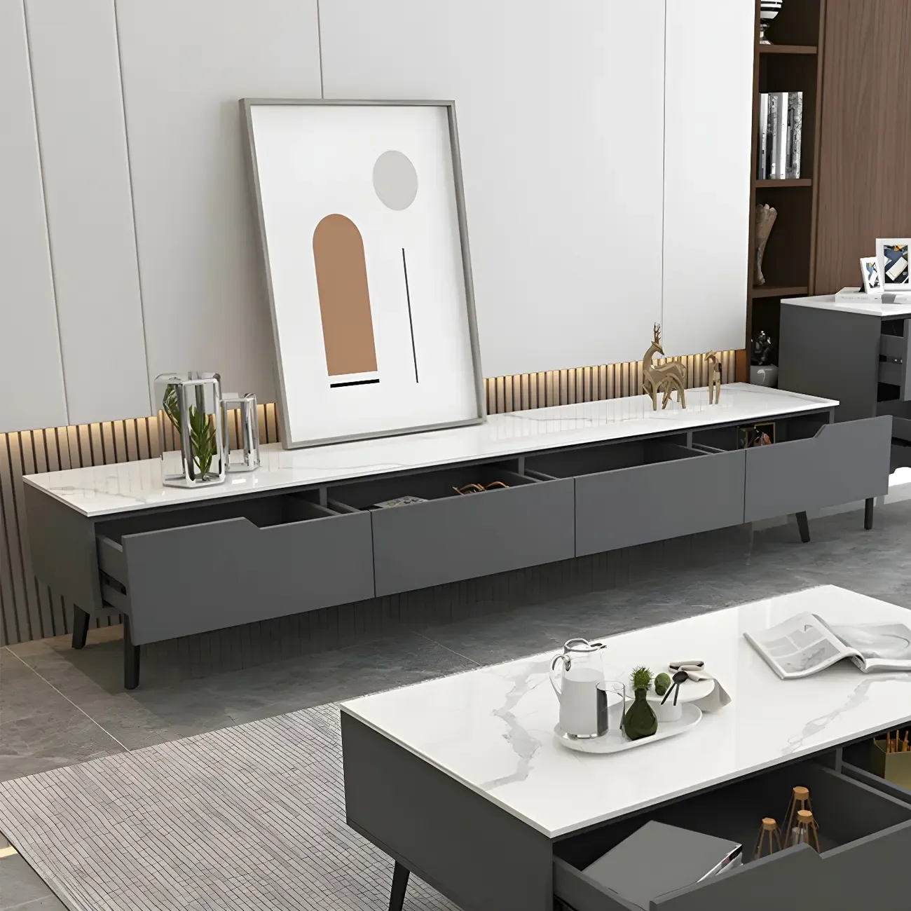 Modern Stone TV Stand with Soft Closing Drawers for Living Room Image - 1