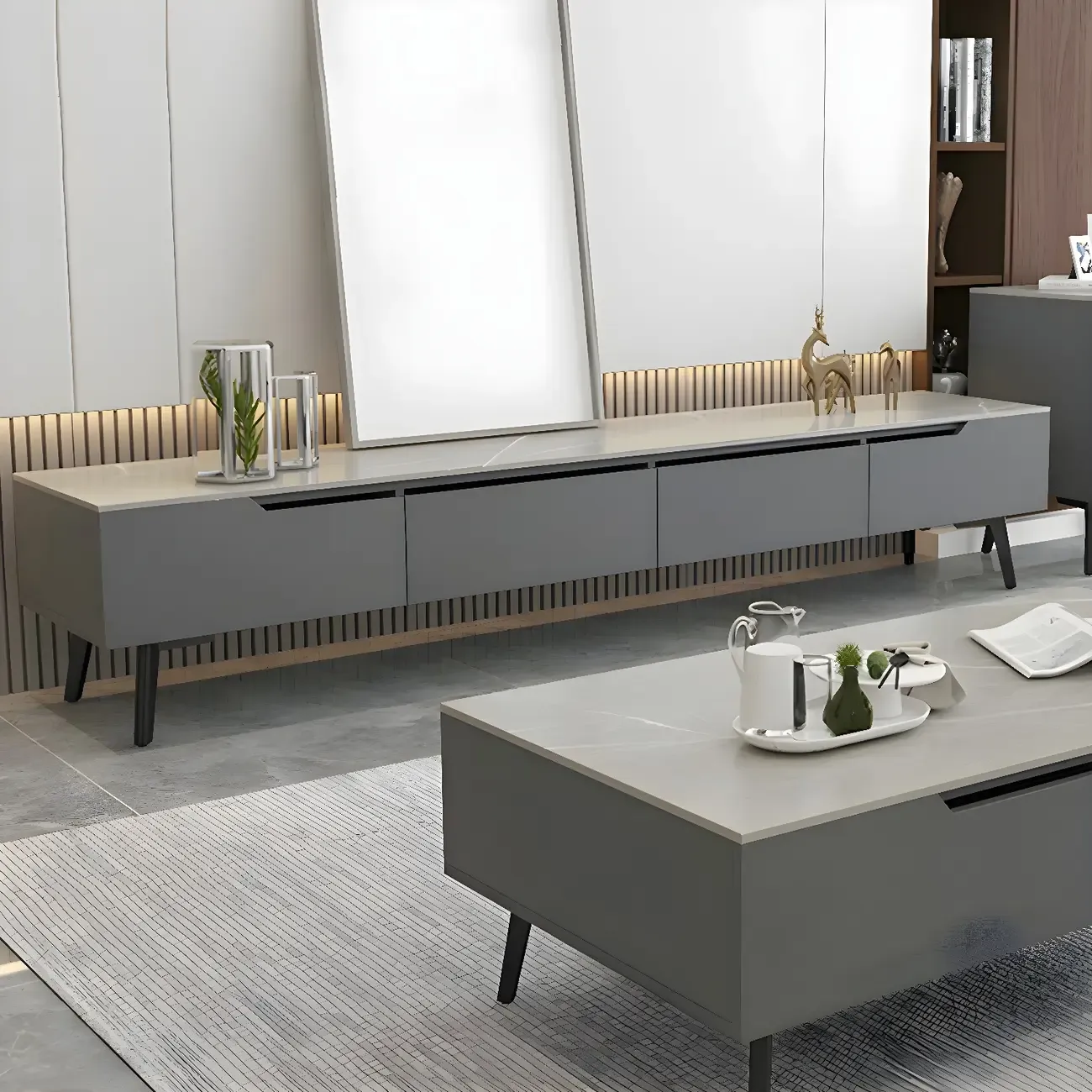 Modern Stone TV Stand with Soft Closing Drawers for Living Room Image - 2