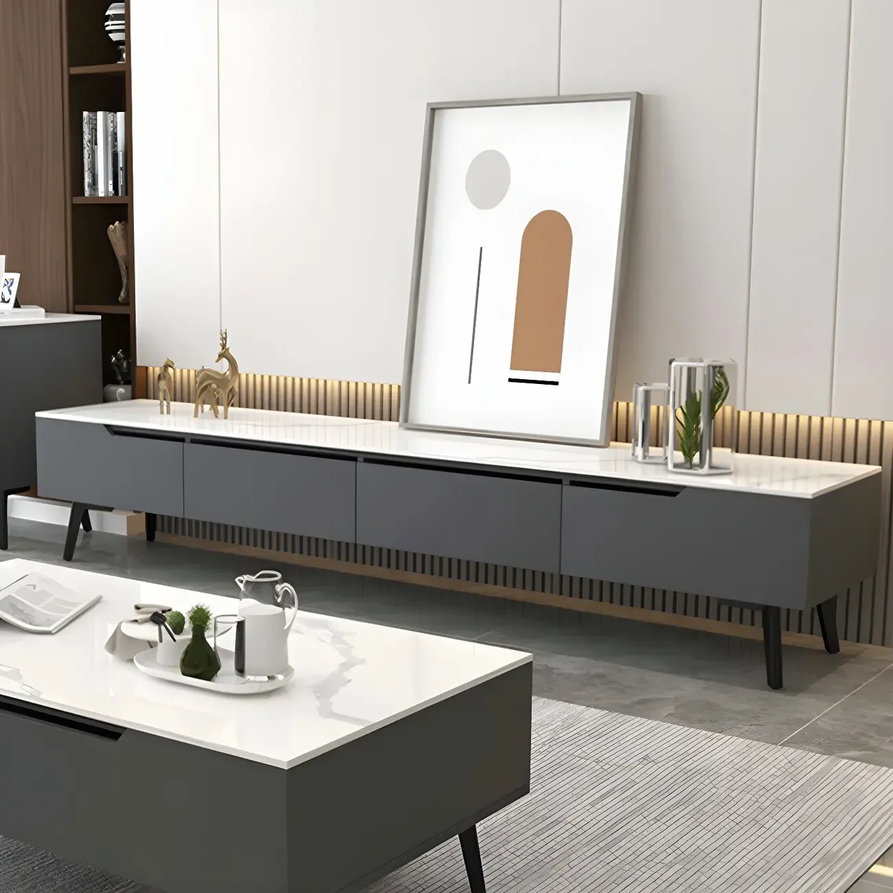 Modern Stone TV Stand with Soft Closing Drawers for Living Room Image - 3
