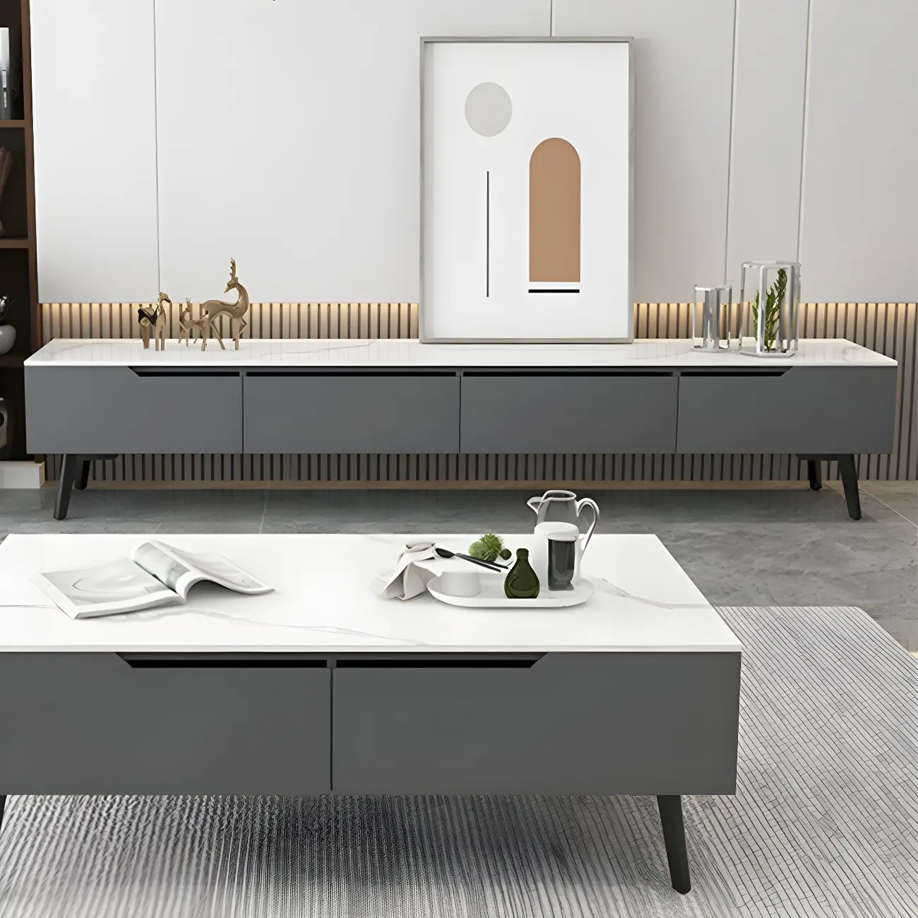 Modern Stone TV Stand with Soft Closing Drawers for Living Room Image - 4 | homeyfad